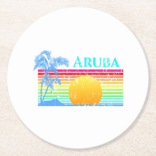 Posavasos Redondo De Papel Playa Retro Aruba Sunset (Anverso)