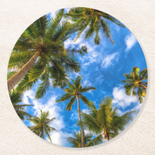 Posavasos Redondo De Papel Playas tropicales Palmeras en cielo azul