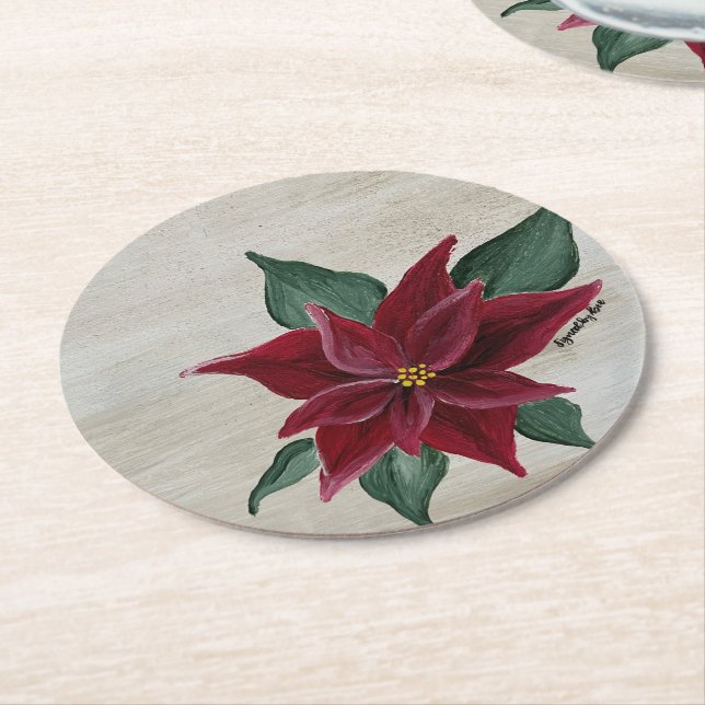 Posavasos Redondo De Papel Poinsettia Holiday Coaster (En perspectiva)