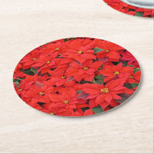 Posavasos Redondo De Papel Poinsettias rojas Navidad la foto floral navideña