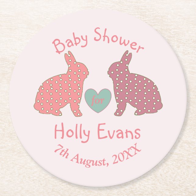 Posavasos Redondo De Papel Polka Dot Bunnies Personalizado Baby Shower (Anverso)