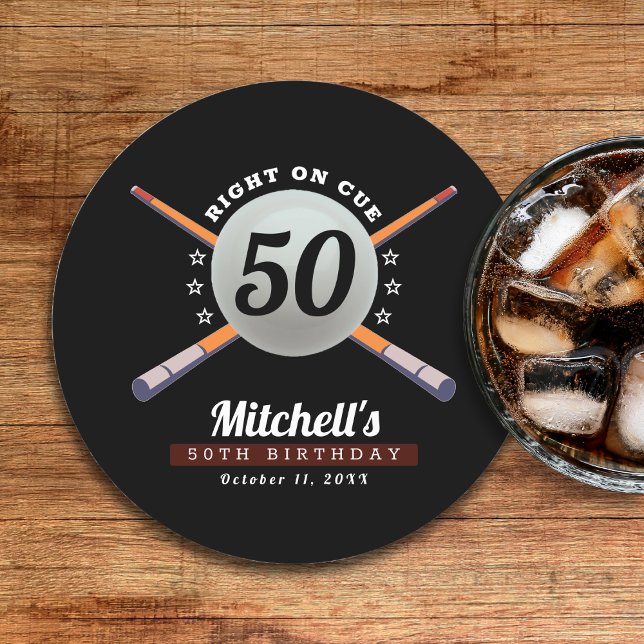 Posavasos Redondo De Papel Pool Billiards 50ª fiesta de cumpleaños Black (Pool Billiards 50th Birthday Party Black Round Paper Coaster
)