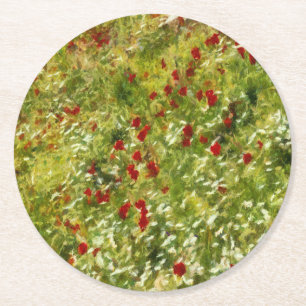 Posavasos Redondo De Papel Poppies Pointillism Style Resumen Art