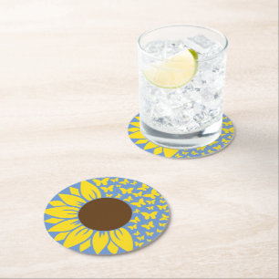 Posavasos Redondo De Papel Posavasos azul y amarillo de girasol y mariposa