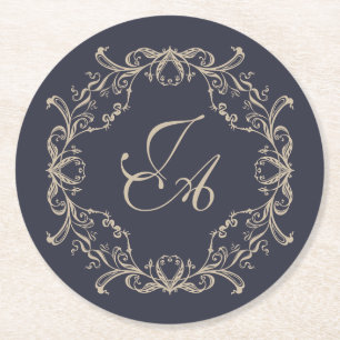 Posavasos Redondo De Papel Posavasos de boda con monograma barroco azul marin