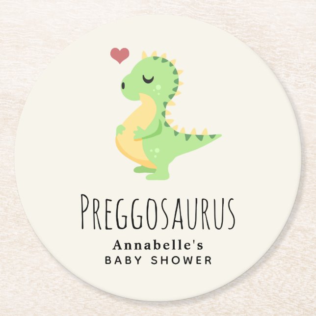 Posavasos Redondo De Papel Preggosauro Cute Dinosaur Baby Shower (Anverso)