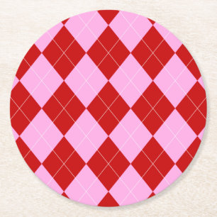 Posavasos Redondo De Papel Preppy Argyle Tartán Diamond Plantado Rojo Rosa