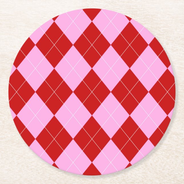 Posavasos Redondo De Papel Preppy Argyle Tartán Diamond Plantado Rojo Rosa (Anverso)
