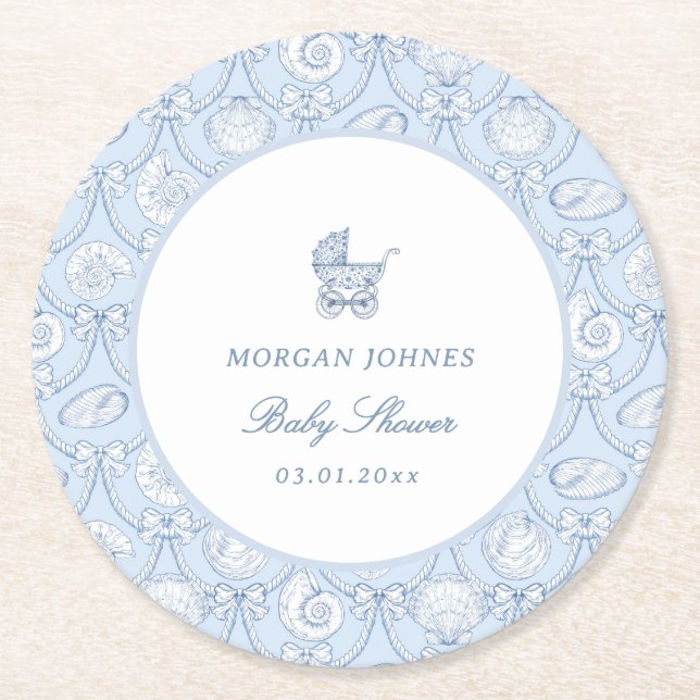 Posavasos Redondo De Papel Preppy Couquette Coastal Baby Shower (Anverso)