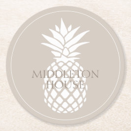 Posavasos Redondo De Papel Preppy White Pineapple on Beige Personalized
