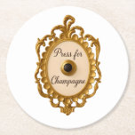 Posavasos Redondo De Papel Press for Champagne Bar Cart Veuve Coaster<br><div class="desc">Add a pop of playful elegance to your bar cart or coffee table with our “Press for Champagne” coasters. Featuring a chic gold doorbell design framed in luxury and printed on a high-quality coaster, these are perfect for champagne lovers, brunch hosts, or anyone who loves a little glam with their...</div>