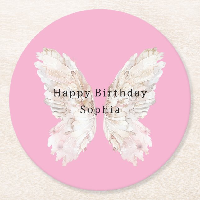 Posavasos Redondo De Papel Pretty Girly Pink Butterfly Wings Birthday (Anverso)
