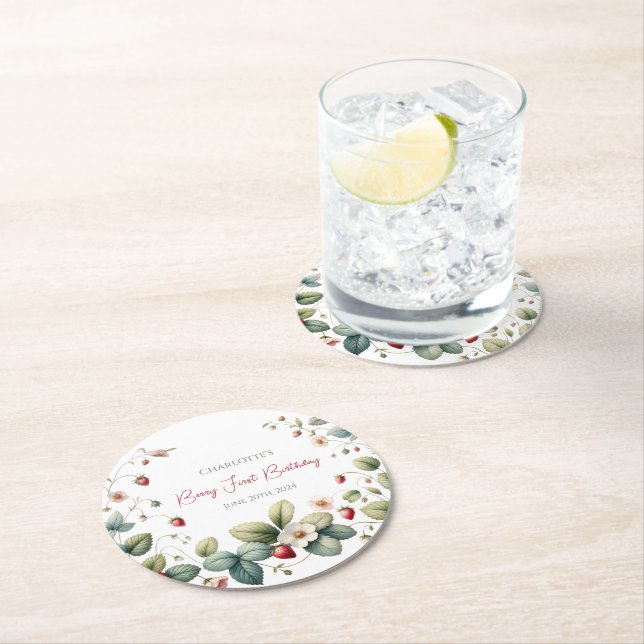 Posavasos Redondo De Papel Primer cumpleaños de personalizado Berry (In situ)