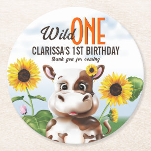 Posavasos Redondo De Papel Primer cumpleaños del Chica de girasol de vaca mar
