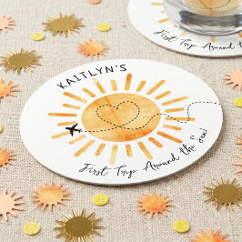 Posavasos Redondo De Papel Primer viaje alrededor del Sol 1er Cumpleaños