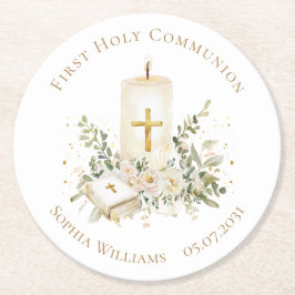 Posavasos Redondo De Papel Primera Comunión Velas Cruz Biblia Rosas