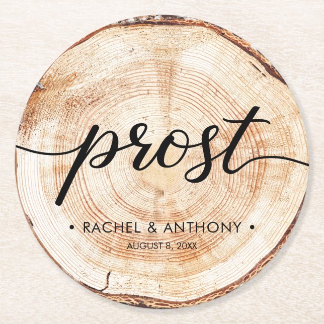 Posavasos Redondo De Papel Prost Boda alemán Wood Grain Round Personalizado (Anverso)