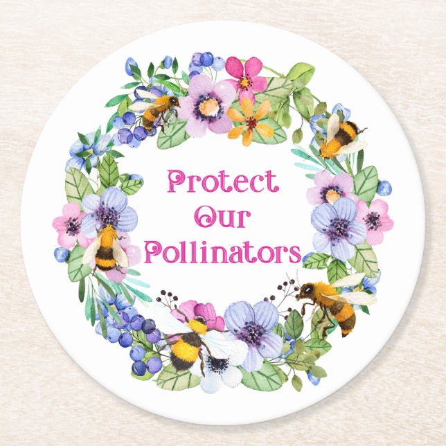 Posavasos Redondo De Papel Proteger nuestros polinizadores Flores de abejas (Anverso)