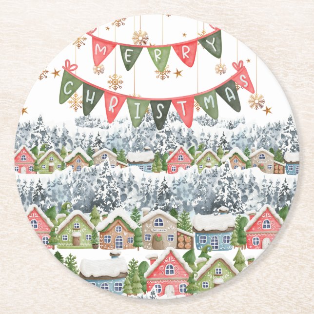 Posavasos Redondo De Papel Pueblo de Navidades de nieve (Anverso)