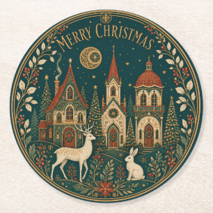 Posavasos Redondo De Papel Pueblo Navideño Dorado Encantado