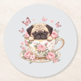 Posavasos Redondo De Papel Pug Blossom Dreams Coaster – Cute Floral Pug Drink