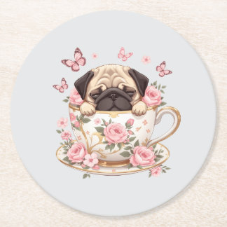 Posavasos Redondo De Papel Pug Blossom Dreams Coaster – Cute Floral Pug Drink