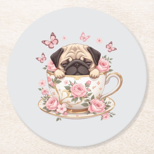 Posavasos Redondo De Papel Pug Blossom Dreams Coaster – Cute Floral Pug Drink (Anverso)