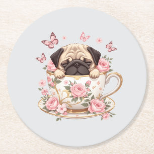 Posavasos Redondo De Papel Pug Blossom Dreams Posavasos – Bebida de Pug Flora