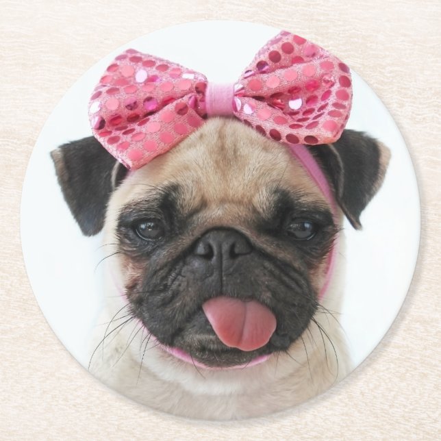 Posavasos Redondo De Papel Pug con arco rosado (Anverso)