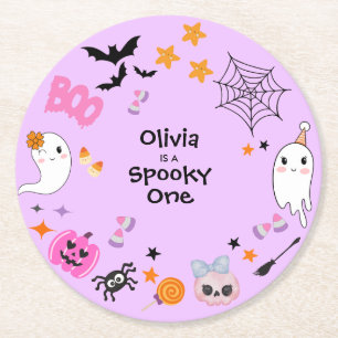 Posavasos Redondo De Papel Purple Spooky One Cute Halloween 1er cumpleaños