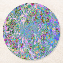 Posavasos Redondo De Papel Púrpura Retro, Flores salvajes verdes y azules en 