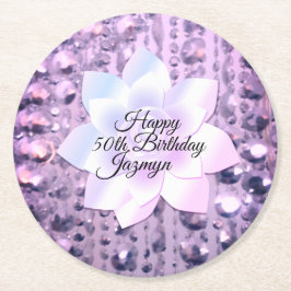 Posavasos Redondo De Papel Púrpura y rosa elegante cumpleaños con cuentas