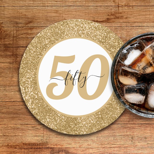 Posavasos Redondo De Papel Purpurina blanco y oro 50 50 años 50 cumpleaños (White & Gold Glitter 50 Fifty Years 50th Birthday Round Paper Coaster
)