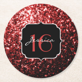 Posavasos Redondo De Papel Purpurina de imitación rojo oscuro enciende Glamou