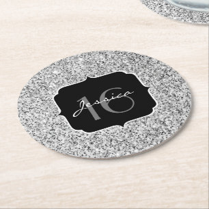 Posavasos Redondo De Papel Purpurina de luz gris plateada chispas Sweet 16