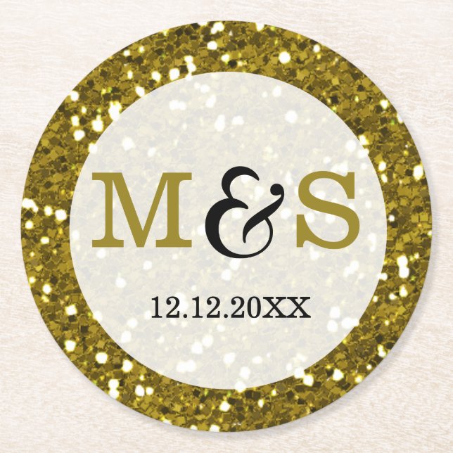 Posavasos Redondo De Papel Purpurina de oro de moda Boda Monogramado (Anverso)