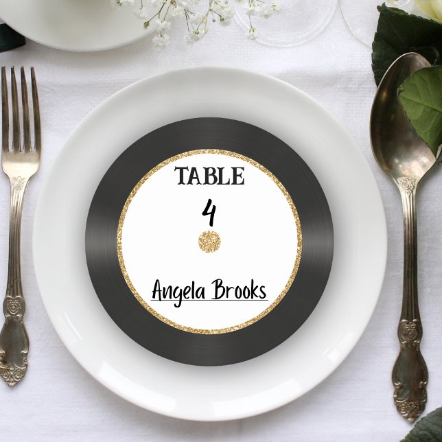 Posavasos Redondo De Papel Purpurina de oro retro tarjeta de lugar de registr (Retro Gold Glitter Vinyl Record Wedding Place Card Round Paper Coaster
)