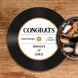 Posavasos Redondo De Papel Purpurina de oro retro Vinyl Record Boda de felici