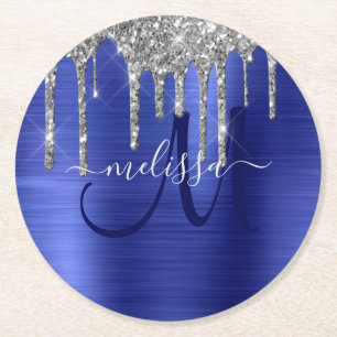 Posavasos Redondo De Papel Purpurina Girly Blue Dripping Brush Monograma Meta