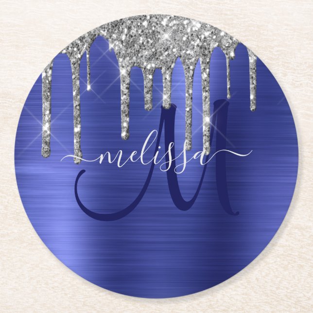 Posavasos Redondo De Papel Purpurina Girly Blue Dripping Brush Monograma Meta (Anverso)