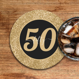 Posavasos Redondo De Papel Purpurina Negro y Oro 50 Cincuenta Años 50 Años Cu