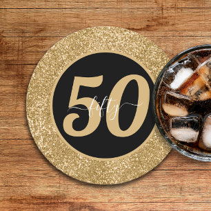Posavasos Redondo De Papel Purpurina Negro y Oro 50 Cincuenta Años 50 Años Cu