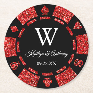 Posavasos Redondo De Papel Purpurina rojo Poker Chip Casino Boda