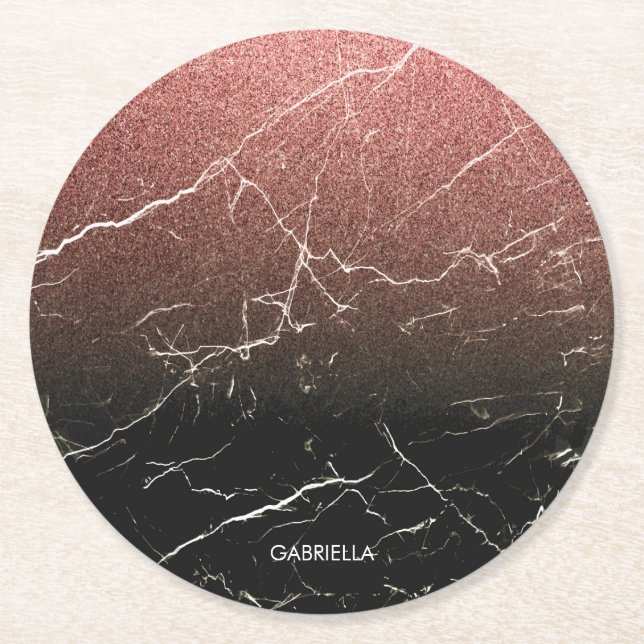 Posavasos Redondo De Papel Purpurina Rosa Mármol Negro (Anverso)
