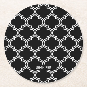Posavasos Redondo De Papel Quatrefoil blanco y negro