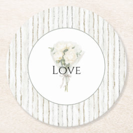 Posavasos Redondo De Papel Ramas Rosa Blanca Floral Bouquet Amor Boda