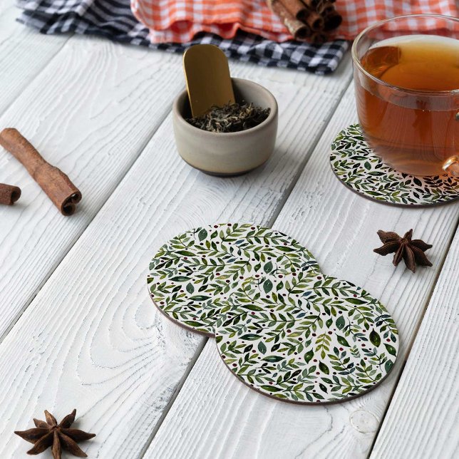 Posavasos Redondo De Papel Ramas y bayas estacionales de las acuarelas verdes (Subido por el creador)