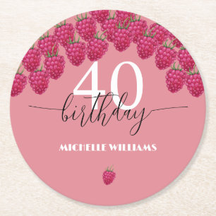Posavasos Redondo De Papel Raspberry color de agua rosa caligrafía cumpleaños