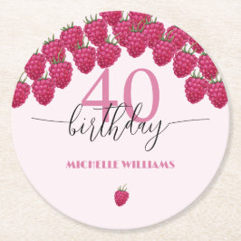Posavasos Redondo De Papel Raspberry color de agua rosa caligrafía cumpleaños