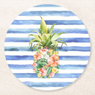 Posavasos Redondo De Papel Rayas Blancas Azules Floral Tropical Piña